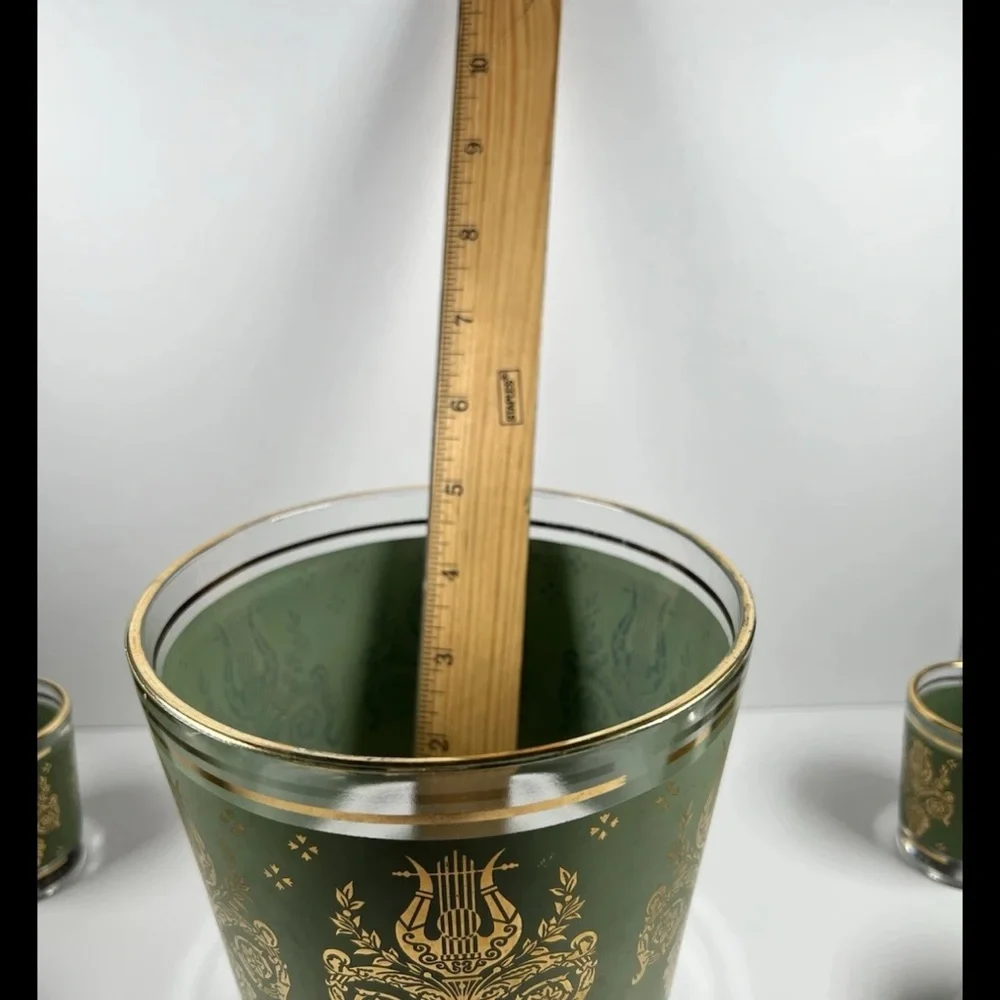 Vintage Green Gold Ice Bucket + 4 Small Glasses Hollywood Regency mid-century